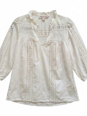 Catherine Malandrino White Eyelet Lace Boho Blouse Small Embroidered Peasant Top